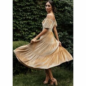 Baltic Born Vivaldi Smocked French Gold Velvet Puff Sleeve Midi Dress